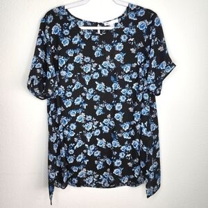 DR2 NWT Semi Sheer Floral Blouse Top Black Blue 1X